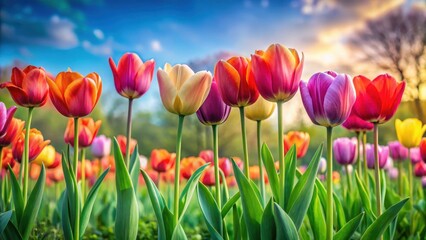 Row of vibrant spring tulips standing tall in a lush green field
