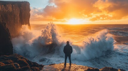 A person stands watching waves at sunrise.