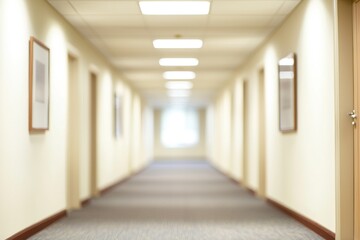 Obraz premium Bright empty hallway with soft lighting, blurred perspective, and framed art on walls Generative AI