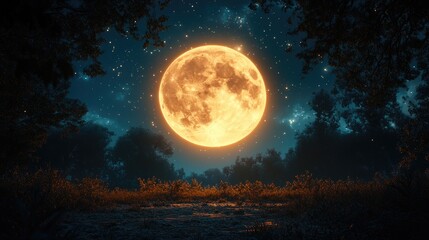 Pixelated Orange Full Moon Over Dark Forest at Night