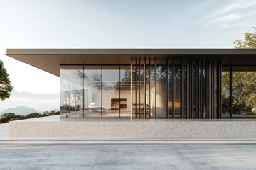 Naklejka premium A minimalist retail structure with a smooth stone base, vertical metal lines, and expansive glass windows
