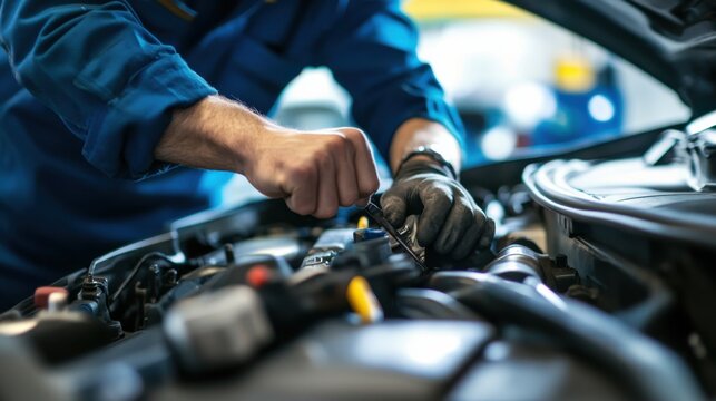 A close-up of a mechanic working under the hood of a car in an auto repair shop, Auto repair scene, Detailed and hands-on style