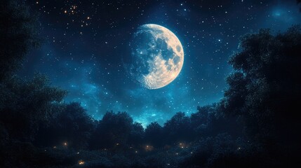 Fototapeta premium Pixelated Night Forest Illuminated by a Bright Half Moon and Starry Sky