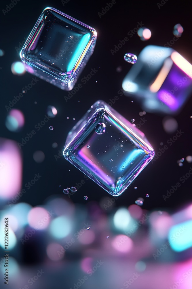Aufkleber metallic cubes with luminous neon edges hover in mid-air, casting reflections and creating a vibrant