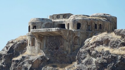 Obraz premium Historic Desert Fortress Carved Into Rock Surrounded by Brown Terrain
