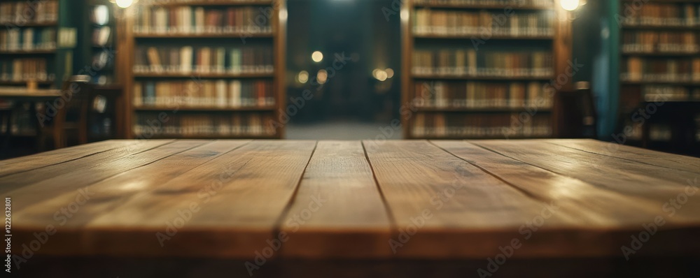 Poster wooden table in quiet library setting with blurred bookshelves in background