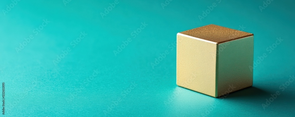 Poster golden cube on turquoise background showcasing minimalist geometry and texture