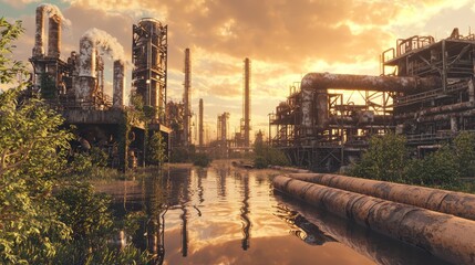 Obraz premium Radiant Toxic Skies Over Drowned Industrial Landscape at Dusk