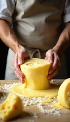 Handsome cheesemaker's hands shaping curd cheese, texture, close-up, artisan