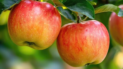 Organic produce gardening concept. Close-up of ripe apples hanging on a tree, showcasing vibrant colors and fresh appearance.