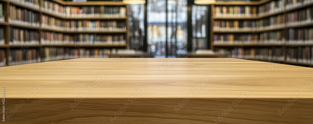 Poster empty wooden table in modern library with bookshelf background