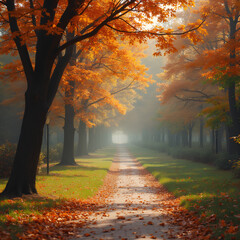 Autumn in a park: golden hues and falling leaves.