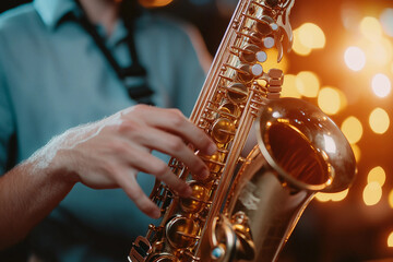 Obraz premium A talented male saxophonist playing a saxophone passionately generative AI