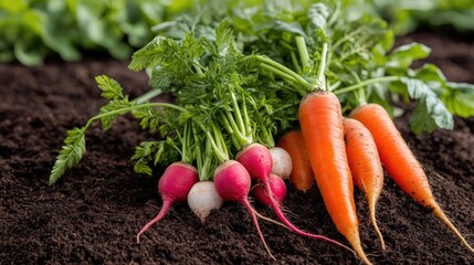 Organic produce gardening concept. Freshly harvested root vegetables including radishes and carrots on rich soil.