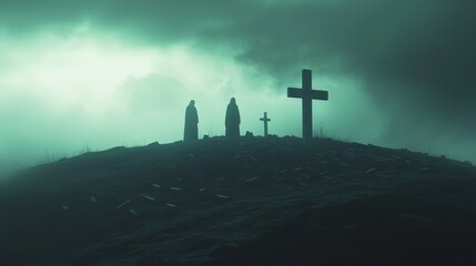 Ominous Landscape with Shadows and Crosses Under Dark Clouds
