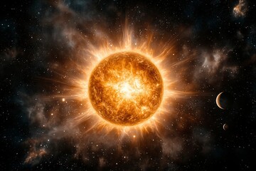 Obraz premium Bright sun at the center of a cosmic scene with planets in the distance