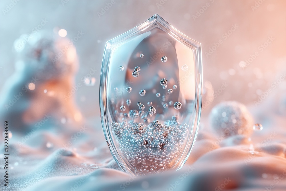 Poster visual showcases a transparent shield effectively blocking virus particles, illuminated in blue and 