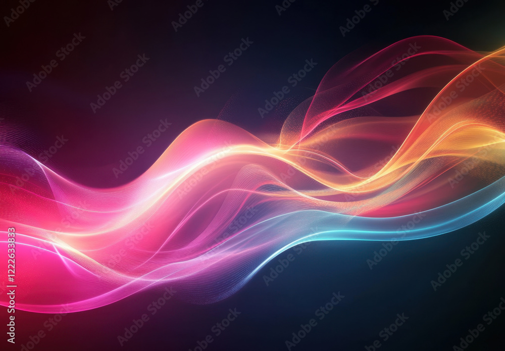 Poster waves of light and data flow dynamically in vibrant colors across a dark background in a digital lan