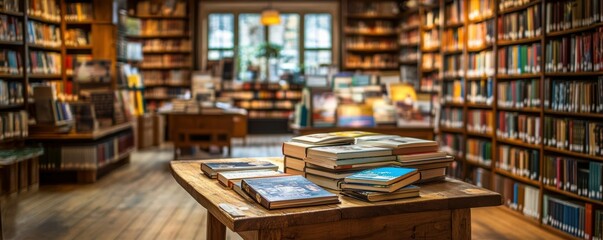Cozy library interior with wooden shelves and stacks of books on wooden table