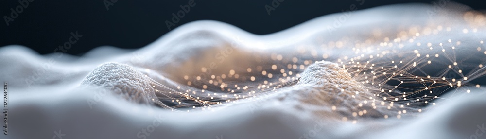 Poster abstract glowing particles connected by delicate web-like lines symbolize the viral spread across a 