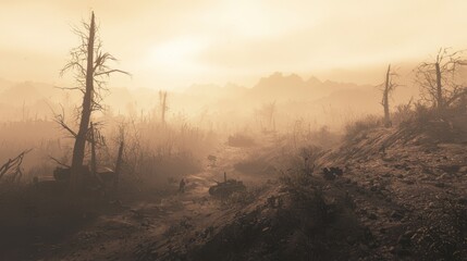 Fototapeta premium Disturbing Haze Over Desolate Landscape with Crawling Shadows