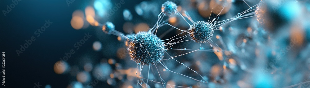 Poster glowing particles are interconnected by fine, web-like lines, symbolizing viral spread. the black-to