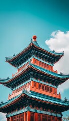 Naklejka premium Traditional Chinese Architecture Ornate Pagoda Under a Vivid Blue Sky. Beijing, China