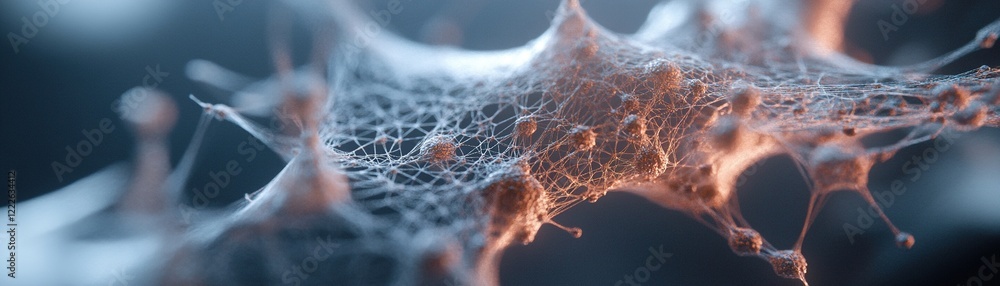 Poster abstract glowing particles interconnected by fine web-like lines illustrate the concept of viral spr