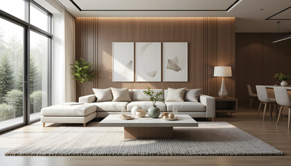Modern Living Room with Minimalist Coffee Table and Wooden Back Wall Panel
