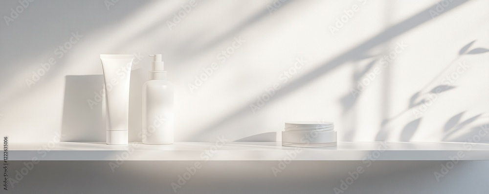 Poster minimalist skincare product display with soft shadows on white shelf