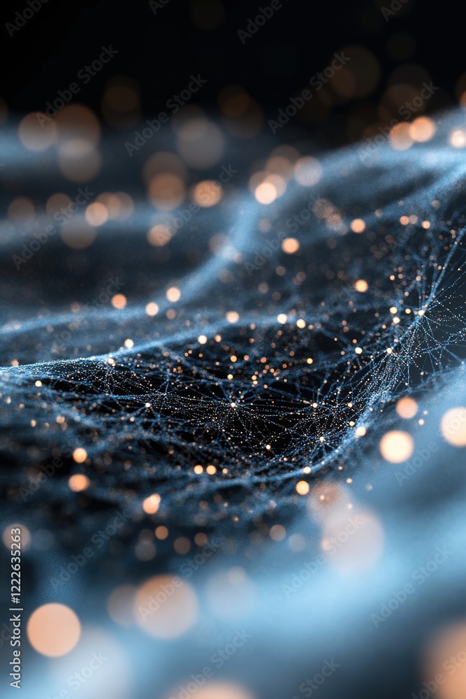 Poster a dynamic representation features glowing particles interconnected by delicate web-like lines, symbo