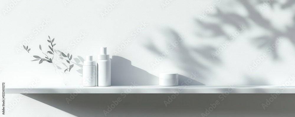 Poster minimalist white bottles on shelf with soft shadows and leaf reflections