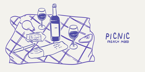 La Dolce vita lifestyle illustrations in line doodle style for cafe, restaurants menu, wedding decor. Picnic in french or italian style with wine, cheese, bread. Elegant breakfast or brunch placard.