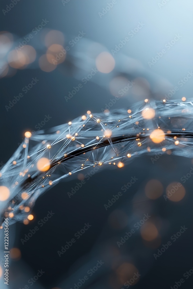 Poster this conceptual visual features glowing particles linked by delicate, web-like lines against a black