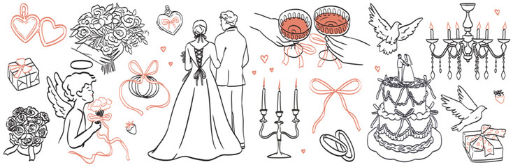 Hand drawn chalk wedding ceremony illustrations. Bride and groom icon. Wine champagne glasses, rings, flower bouquet drawings for invitations, menus, parties. Italian or french romantic sketch style.