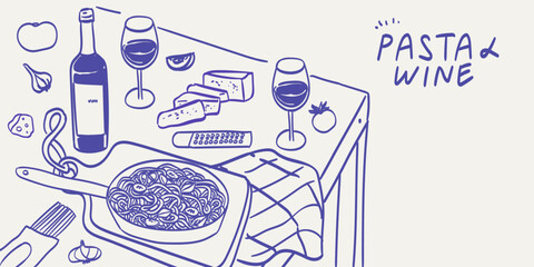 Wine bottle, pasta and cheese hand drawn poster for wall art and prints. Vector illustration of kitchen macaroni preparation for family dinner in retro doodle style perfect for restaurant or cafe menu