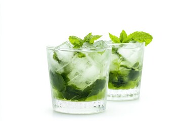 Refreshing iced matcha drinks served in elegant glasses with vibrant mint leaves and ice cubes