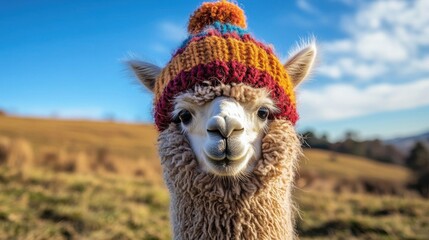Obraz premium A joyful alpaca in a hat.