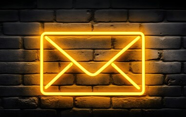 Glowing Neon Envelope Sign on Brick Wall