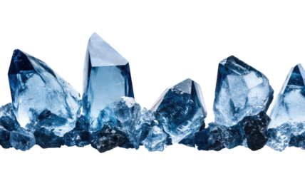 Blue faceted crystals of various shapes, showcasing their stunning clarity and unique formations, create captivating visual display