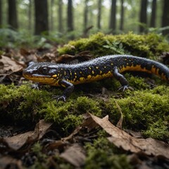 Fototapeta premium A salamander crawling, side-view, full-body, with a blurred woodland floor.