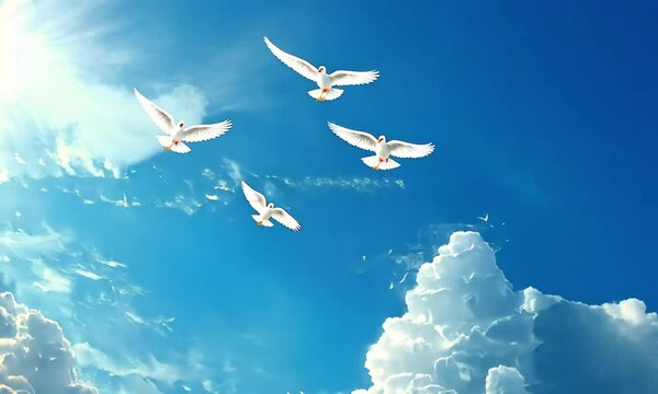 White Doves Soaring Through a Bright Blue Sky with Fluffy Clouds