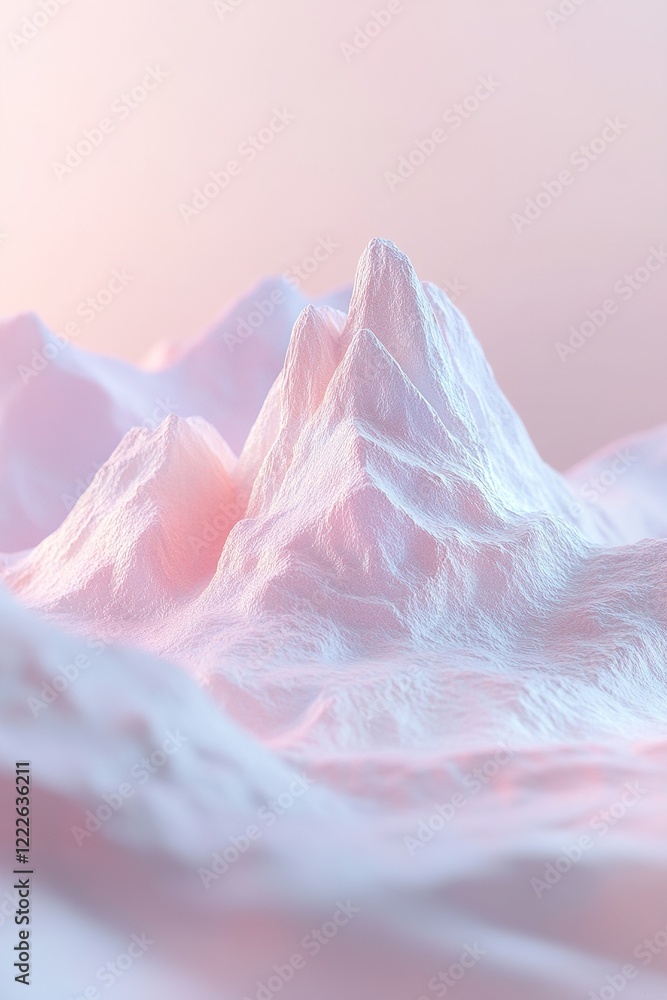 Poster conceptual mountain visualization showcases soft pastel hues and illuminated peaks, emphasizing them