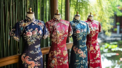 Elegant cheongsams in a tea garden.