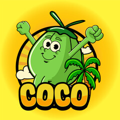 Cute Coconut Tropical Summer Vibes Cartoon Character in Retro Vintage Style