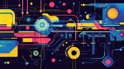 Obraz premium Colorful abstract digital design featuring geometric shapes and vibrant lines on a dark background