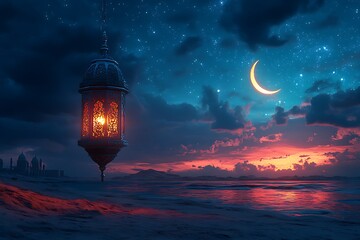 Obraz premium Illuminated Lantern Floating Against a Starry Night Sky with Crescent Moon Over a Tranquil Sea