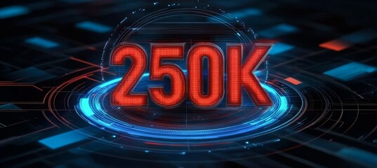 Glowing Digital 3D Number 250K On Futuristic Background With Abstract Technology. High-Tech Style