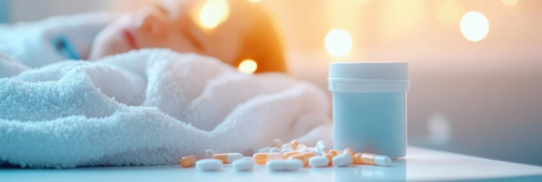 Sick person resting at home with medication and thermometer for managing infectious enterocolitis symptoms