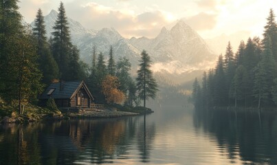 Fototapeta premium Tranquil Autumn Mountain Lake with Cabin and Reflective Waters in a Serene Forested Landscape with Misty Mountains, Generative AI